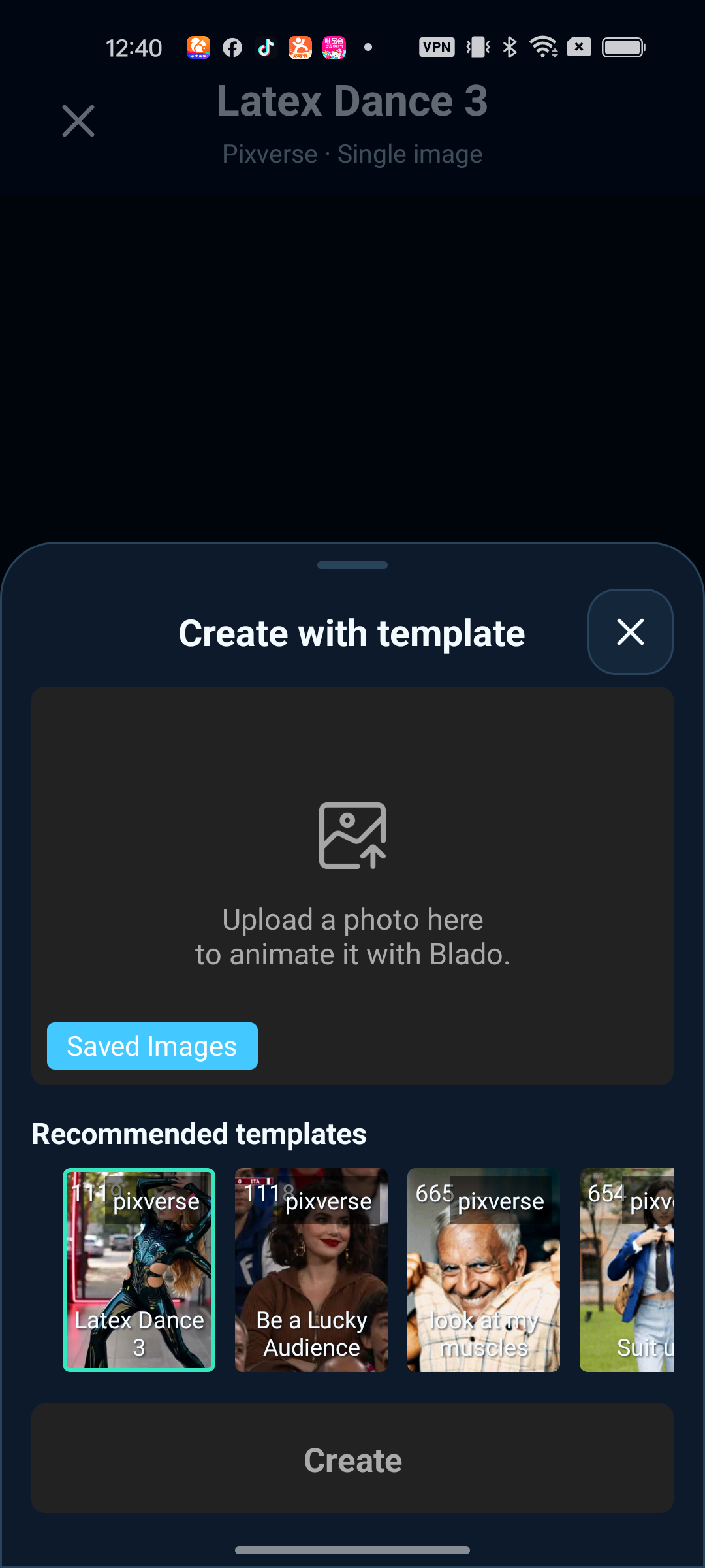 Create with template screen in Blado